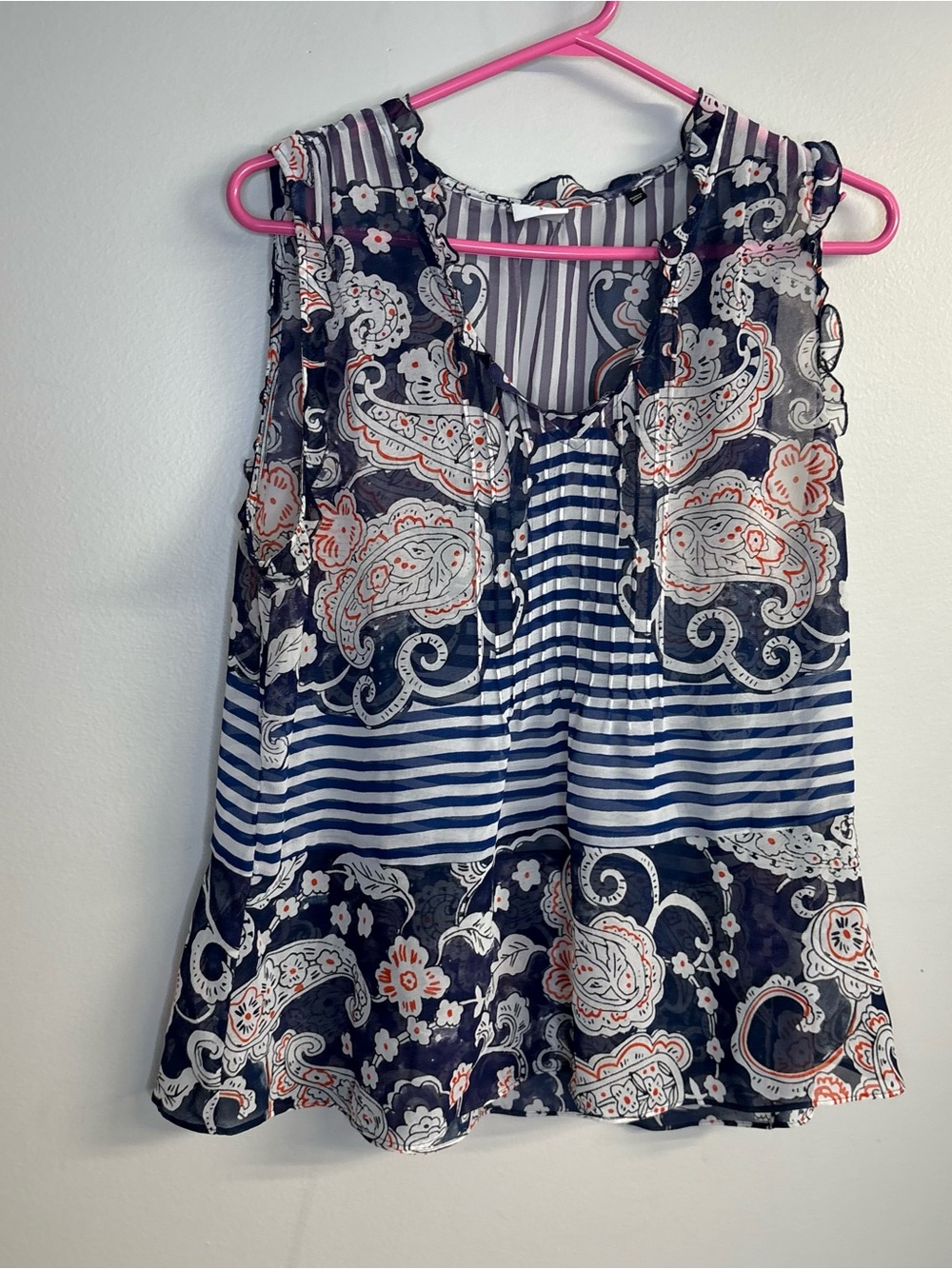 CAbi Navy White and Coral Paisley Stripe Sleeveless Camisole